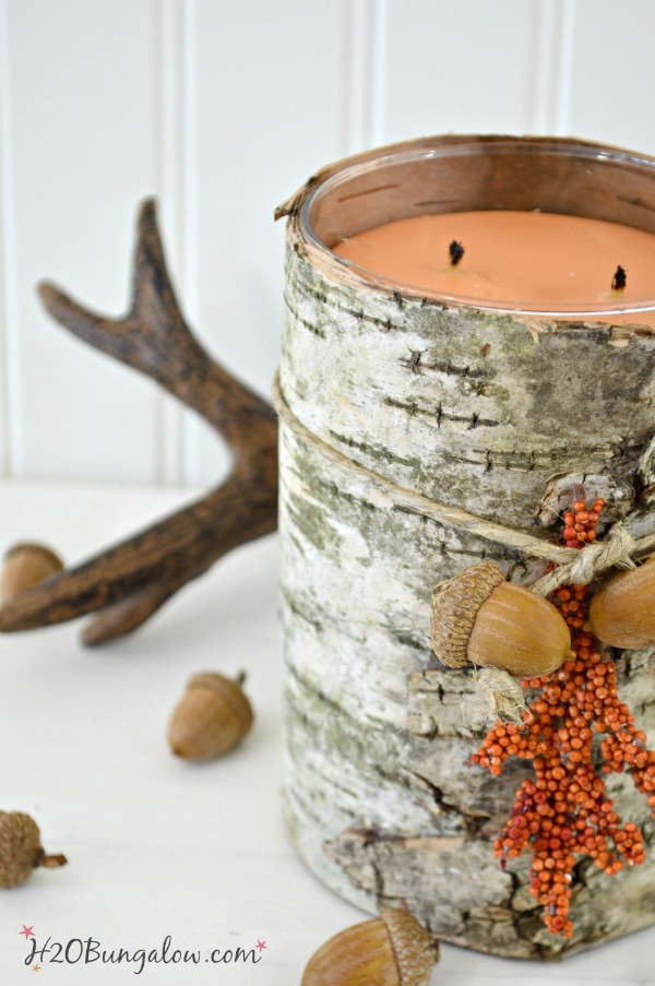 Birch bark candle holder with antlers and acorns laying on table