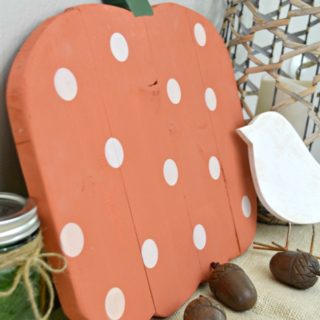 Orange with polka dots wood pumpkin with text Easy Wood Cutout Pumpkin