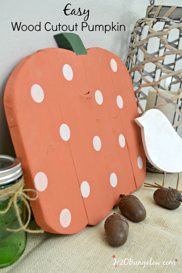 Orange with polka dots wood pumpkin with text Easy Wood Cutout Pumpkin