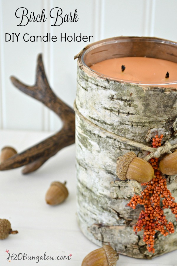 Birch bark candle holder with acorns and antlers laying next to it with text Birch Bark DIY Candle Holder