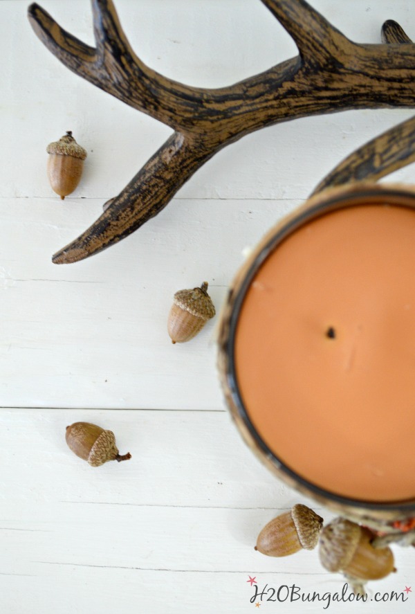 top of candle with antler and acorns laying on table