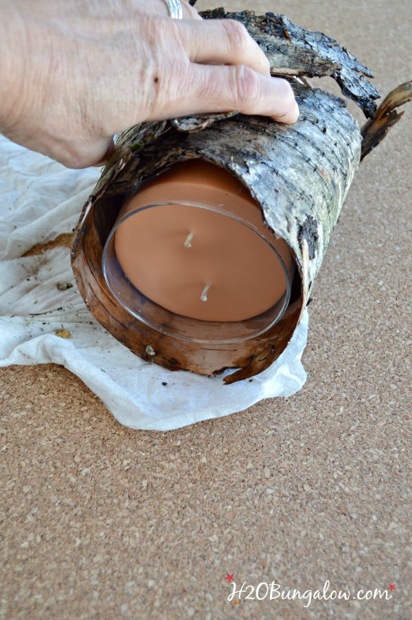 Wrapping birch bark around glass candle holder