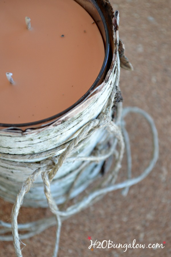 closeup of the top of the birch bark candle holder