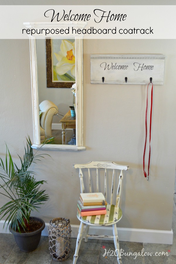 Easy DIY tutorial to make a repurposed headboard coat rack with "Welcome Home" saying. Easy bed headboard upcycle project. 