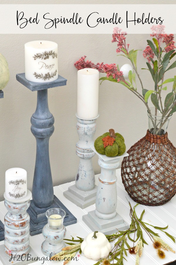 Easy to DIY, repurposed bed spindle candle holders tutorial. Make any size pillar candle holder great in vignettes, holiday centerpieces and more. 