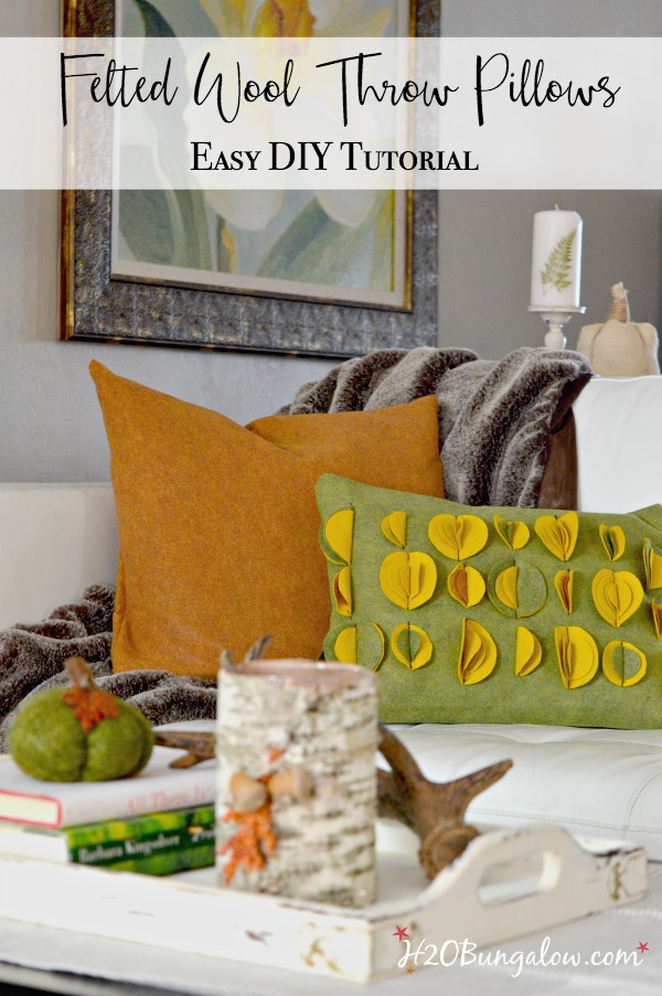 Felted wool throw pillow tutorial to make envelope style pillow covers. Easy simple sew home decor project perfect for fall using textured felt fabric. H2OBungalow