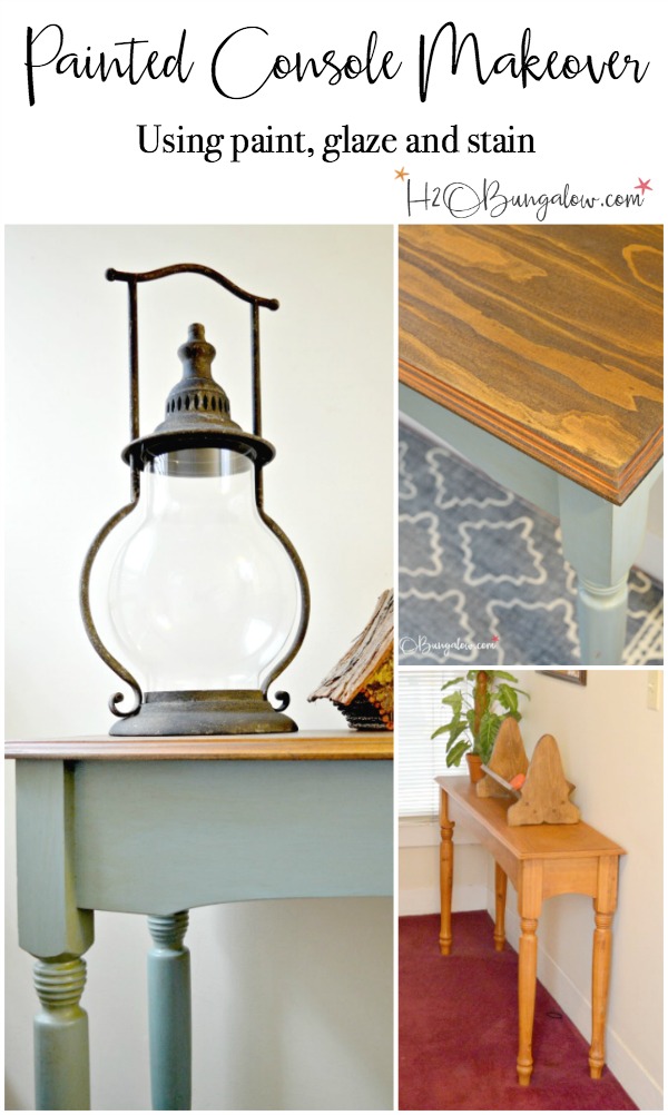 Blue painted console table makeover with Nantucket Blue Reclaim Paint and Glaze with a beautiful stained wood top transformed the old table. by H2OBungalow