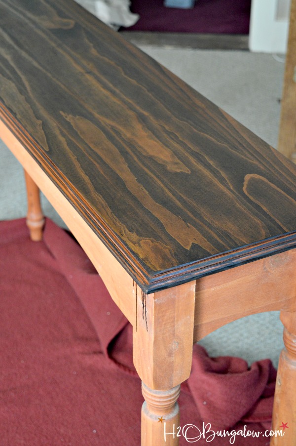 Blue painted console table makeover with Nantucket Blue Reclaim Paint and Glaze with a beautiful stained wood top transformed the old table. by H2OBungalow 