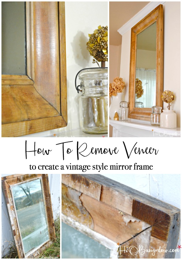 Get the Restoration Hardware look for less. Tutorial to remove veneer from wood on an old mirror exposing a natural wood patina and deconstructed style.