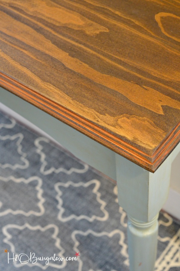 Blue painted console table makeover with Nantucket Blue Reclaim Paint and Glaze with a beautiful stained wood top transformed the old table. by H2OBungalow 