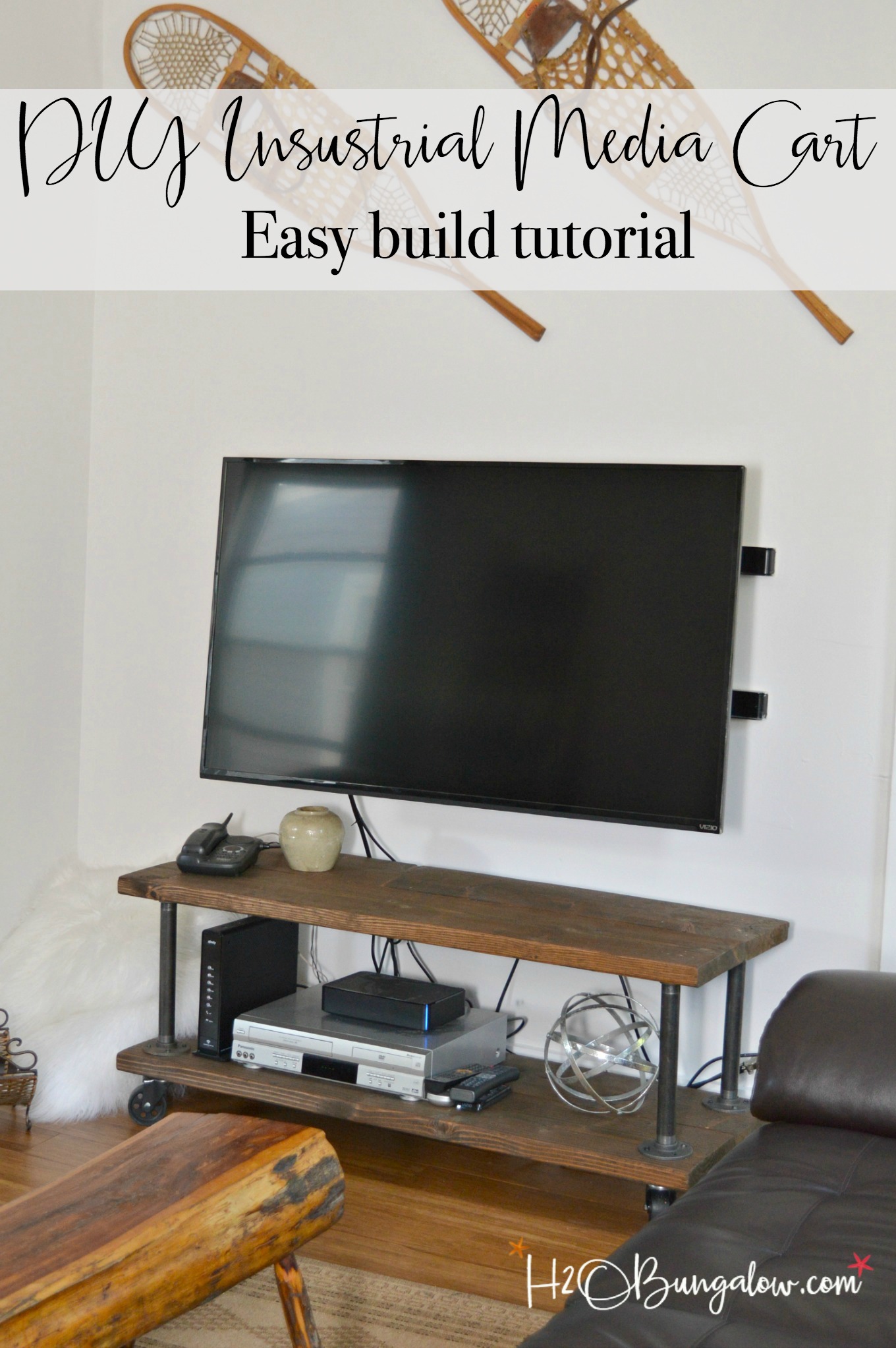 Tutorial to make a DIY industrial style media stand with wheels. Simple step directions for an upscale industrial cart style tv stand. Easy build project.