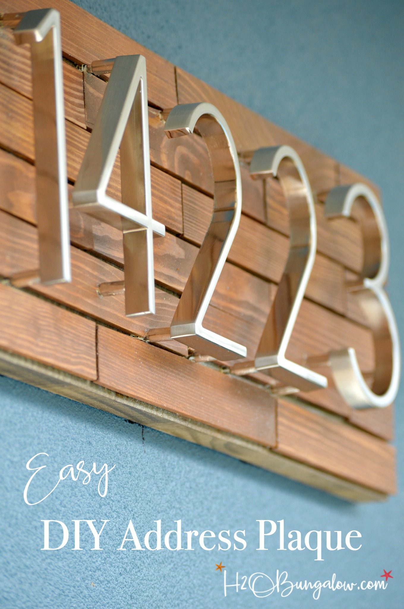 Add instant curb appeal. Easy modern DIY Horizontal Wood Slat Address Plaque Tutorial. Use only a jigsaw, glue and outdoor mounting tape. Drill optional to float letters. 