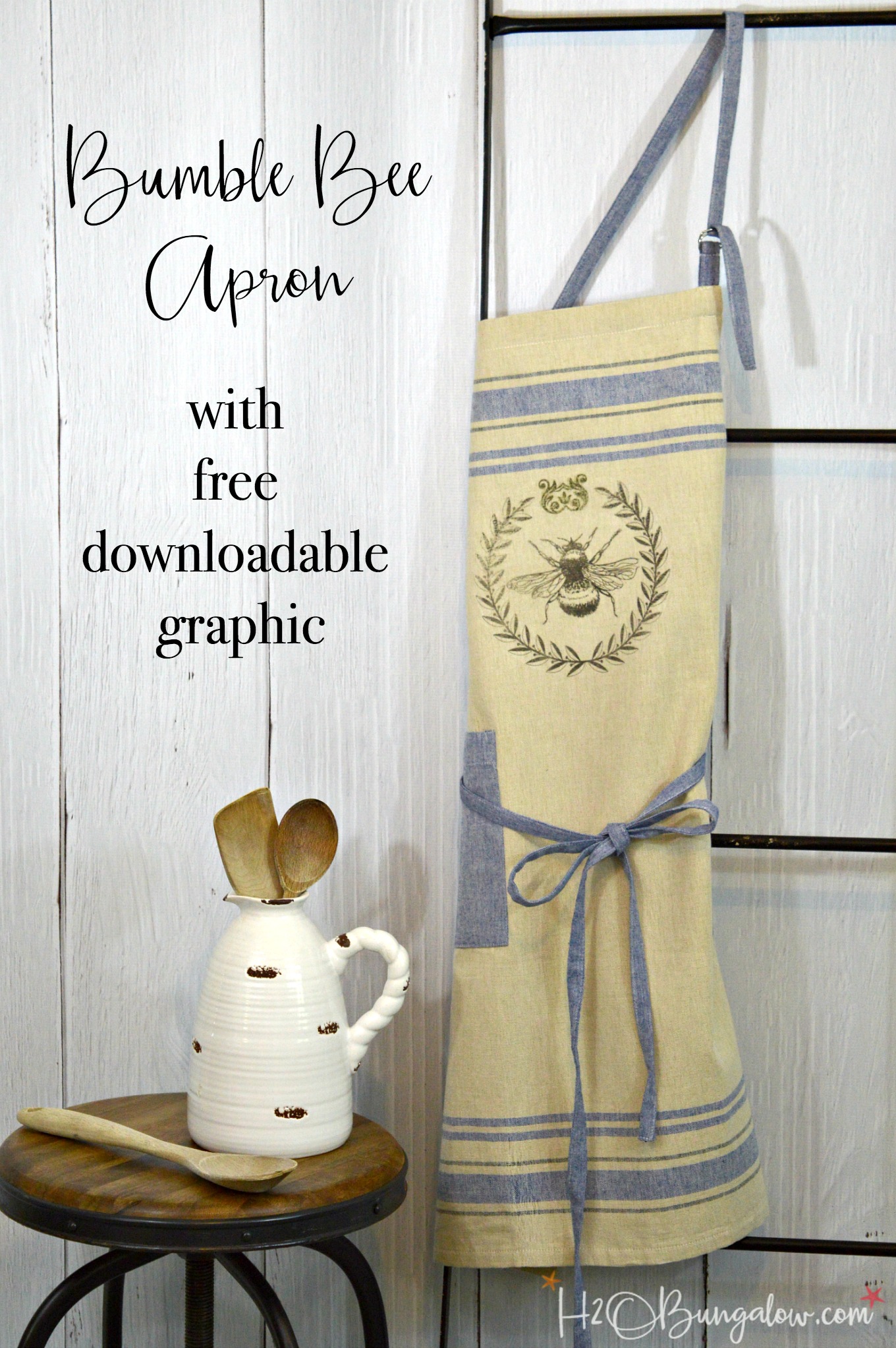 Tutorial to make a DIY bumble bee apron with free graphic you can use. Easy to make, just print on transfer paper, iron onto your favorite apron or fabric. Easy DIY tutorial! 