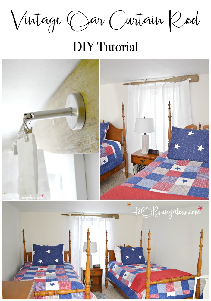 Easy to make DIY vintage oar nautical curtain rod with modern style wire to hold the curtain. See how simple it is to add budget friendly nautical and rustic window decor to a room for instant personality. 