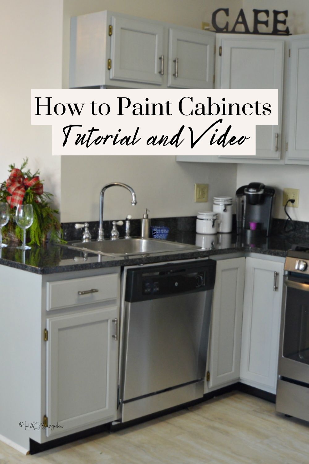 Painted cabinets in kitchen with text overlay "How to Paint Kitchen Cabinets, tutorial and video"
