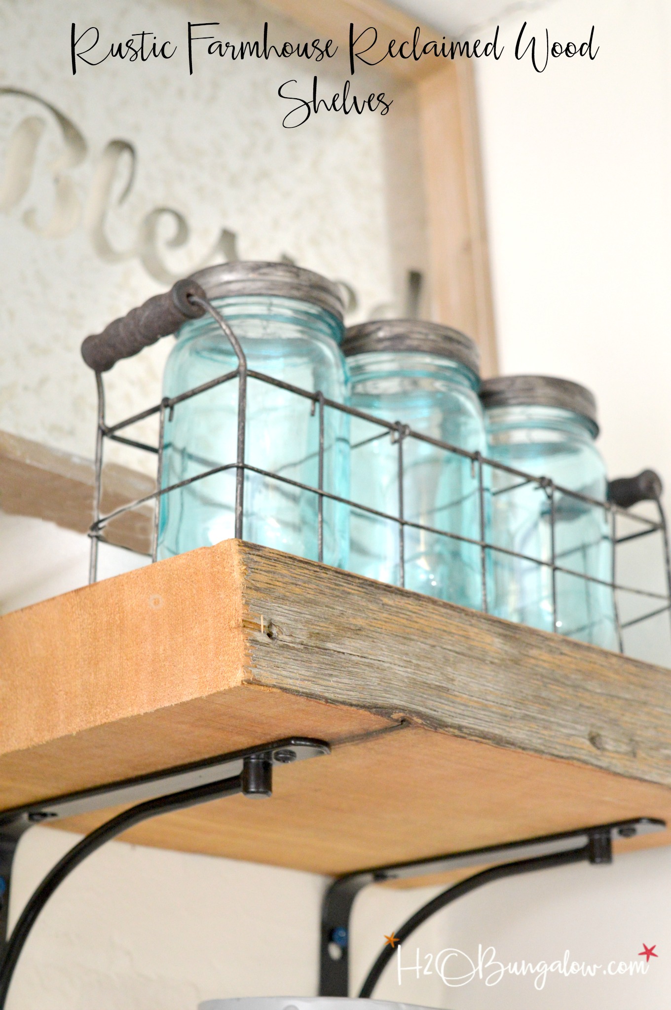 DIY reclaimed wood kitchen shelves made from wood scraps add character and texture to a modern farmhouse. Simple tips for an upscale DIY kitchen project 