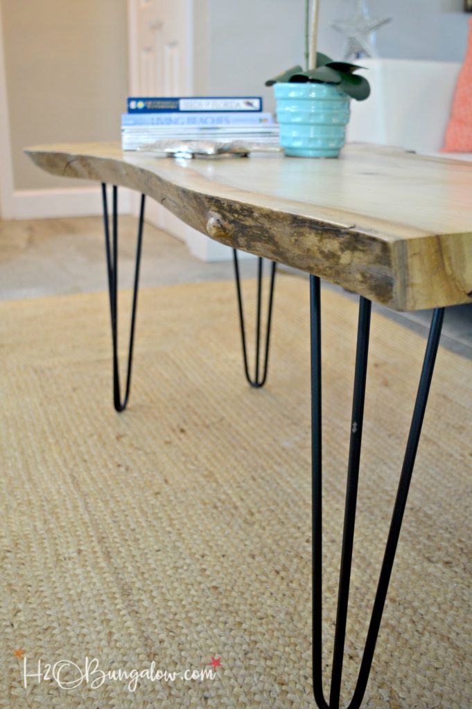 Why buy when you can DIY? Simple tutorial to make a DIY live edge wood coffee table with hairpin legs. Easy tutorial for beginner woodworkers. Make your own Mid Century Modern style coffee table and save a fortune. See what other Home decor projects the Power Tool Challenge Team shared this month too! H2OBungalow 