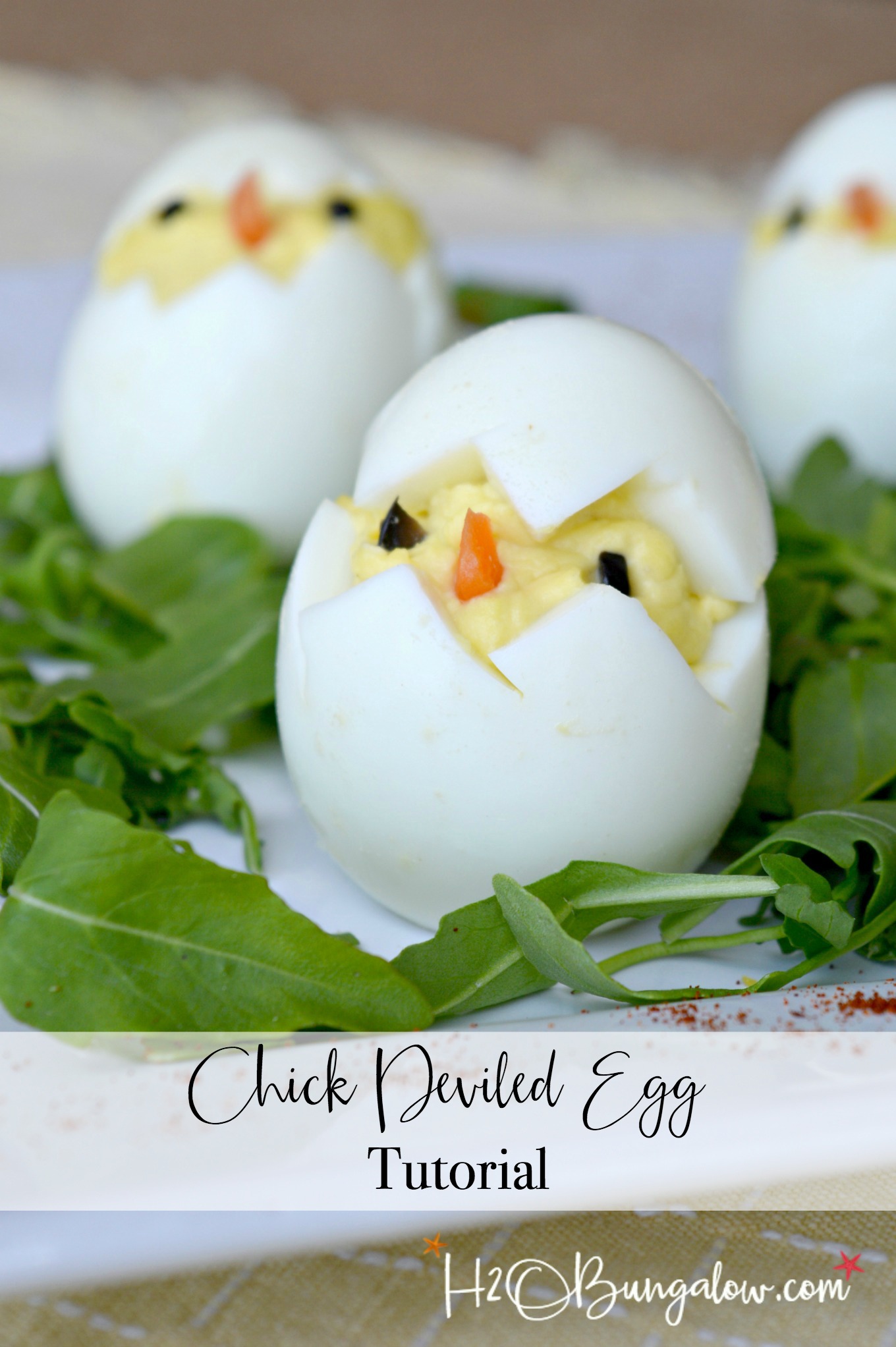 Easy to make deviled egg easter chick recipe and tutorial. They aren't hard to make but knowing a few tricks on how to make these cute chick deviled eggs is a must! Find them here at H2OBungalow