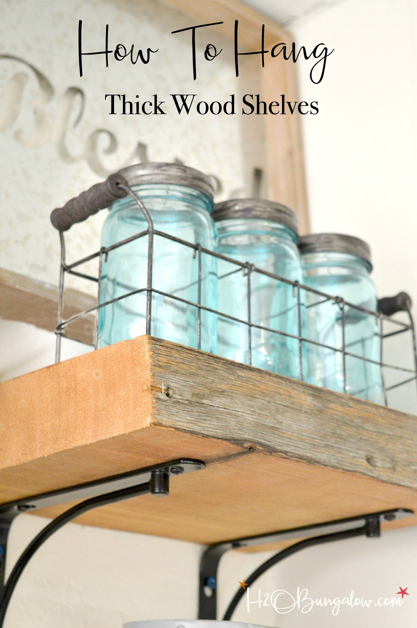 Best tips for installing thick wood shelfs or live edge wood shelves on a wall. Plus a list of resources to find great wood with character. Easy DIY tips on tools, bolts and more. I've installed three of these in my home and now have the system down to a simple few step process! Find lots of home improvement and home decor projects on H2OBungalow.com 