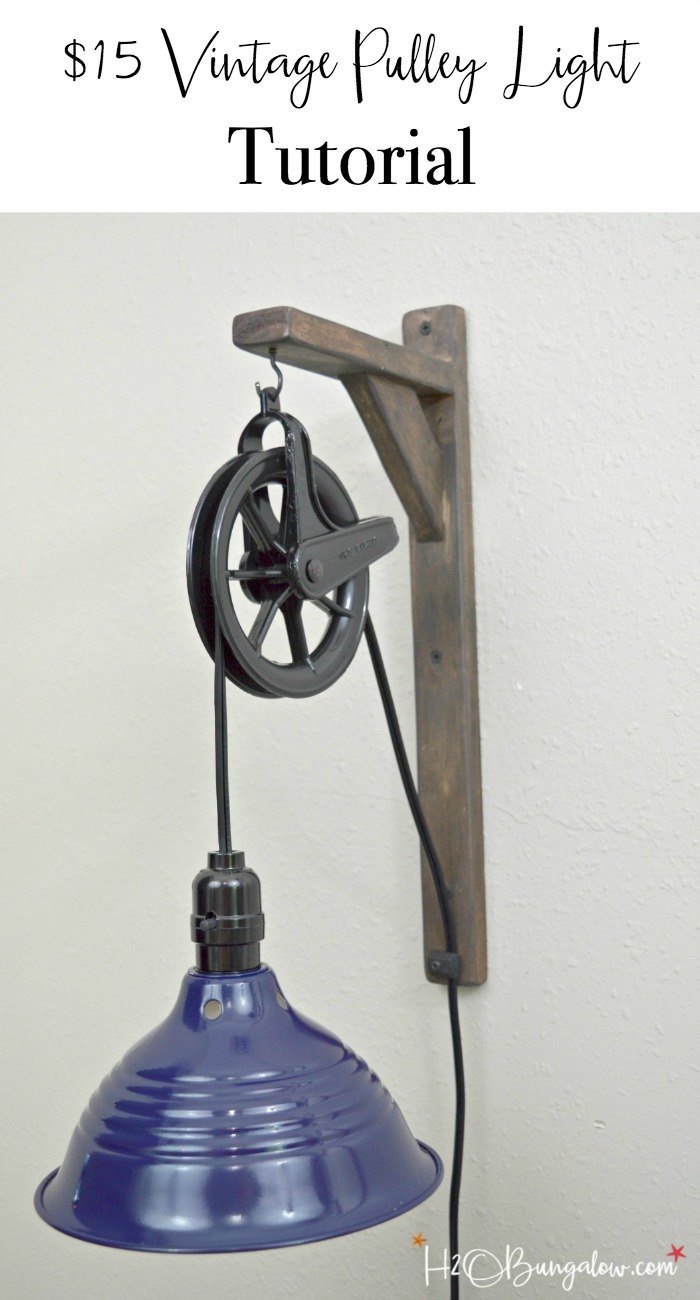 Use this wall sconce tutorial DIY vintage style pulley light to make a fabulous home decor piece for under $15! Looks just like an upscale store version. Find over 450 creative DIY tutorials in home decor and home improvement on H2OBungalow.com 