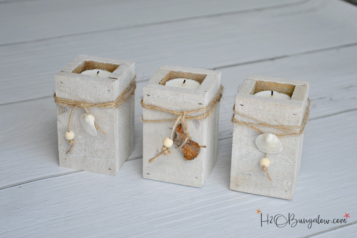 Easy and inexpensive to make DIY coastal tealight candle holders. Add jute twine, seashells and a few wood beads or driftwood as a finishing touch. Find over 450 DIY home decor and home improvement projects at H2OBungalow.com