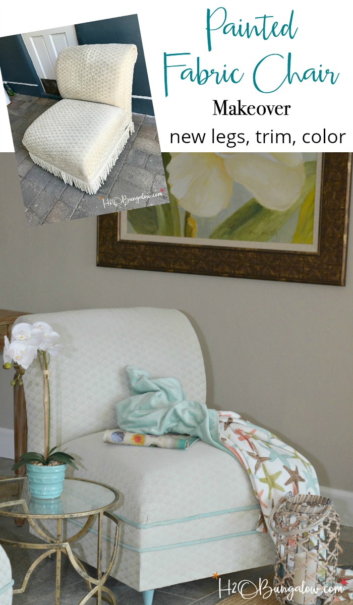 DIY painted upholstered chair makeover tutorial. How to paint a fabric chair with latex paint, add new trim and change the furniture legs for an easy update. Find over 450 home decor DIY tutorials on H2OBungalow.com