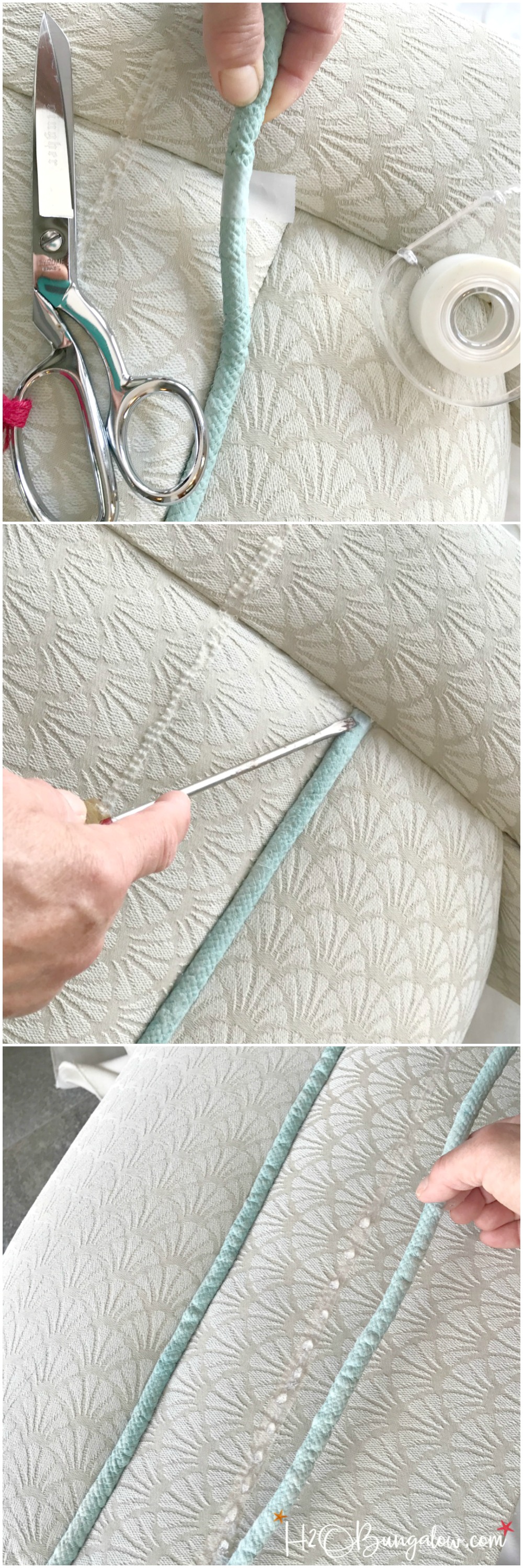 DIY painted upholstered chair makeover tutorial. How to paint a fabric chair with latex paint, add new trim and change the furniture legs for an easy update. Find over 450 home decor DIY tutorials on H2OBungalow.com