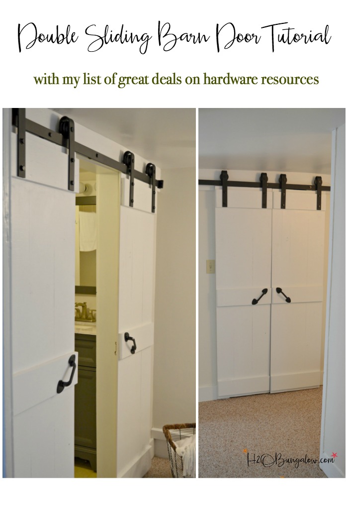 Easy DIY double barn door tutorial for interior sliding barn doors with a budget friendly resource for all sizes of barn door hardware. Make these in a day and update your home. Great for small spaces and bathrooms. 