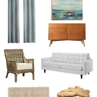 Contemporary coastal living room makeover ideas with a mood board and resources. Decorate with coastal home decor in a casual modern design style.
