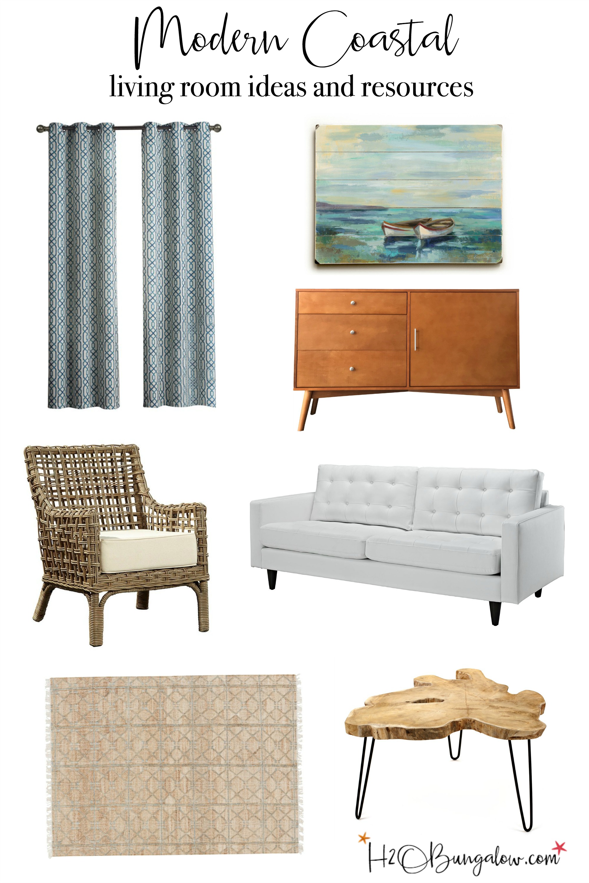 Contemporary coastal living room makeover ideas with a mood board and resources. Decorate with coastal home decor in a casual modern design style.