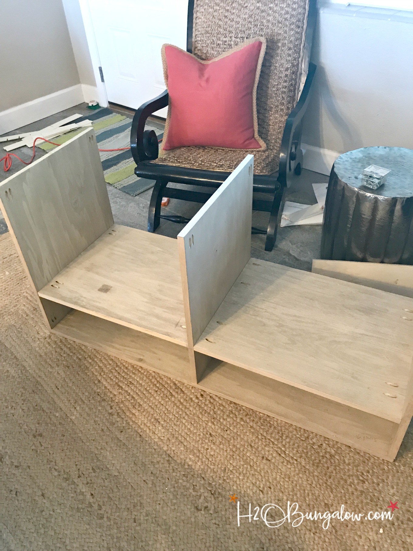 DIY media console with free plans tutorial. Build a media cabinet to hold electronics, add the matching wall mounted TV cabinet. Looks great in small spaces