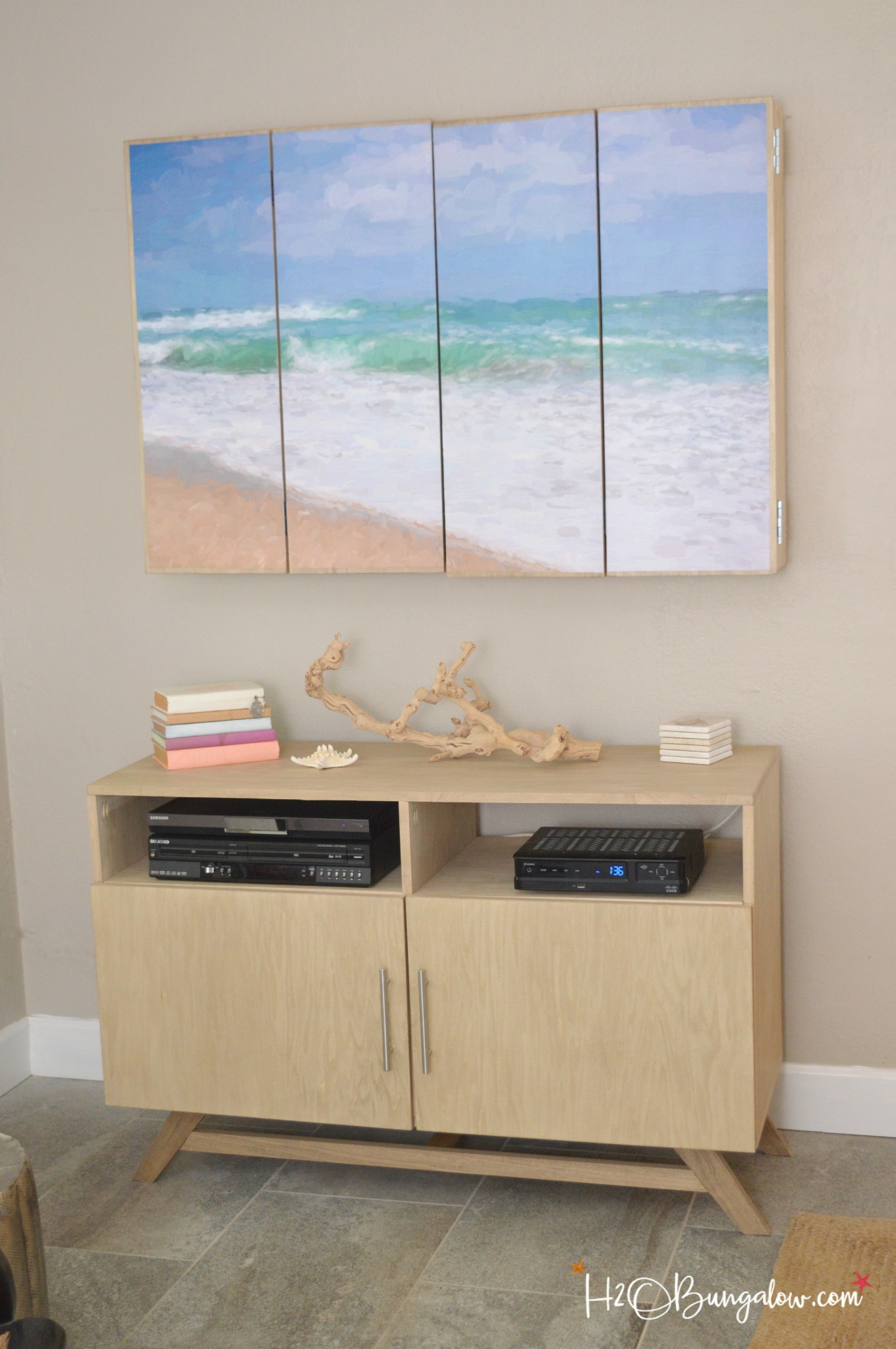DIY media console with free plans tutorial. Build a media cabinet to hold electronics, add the matching wall mounted TV cabinet for under $150! Looks great in small spaces! Find over 450 DIY tutorials to make your home pretty at H2OBungalow.com #DIYmediaconsole