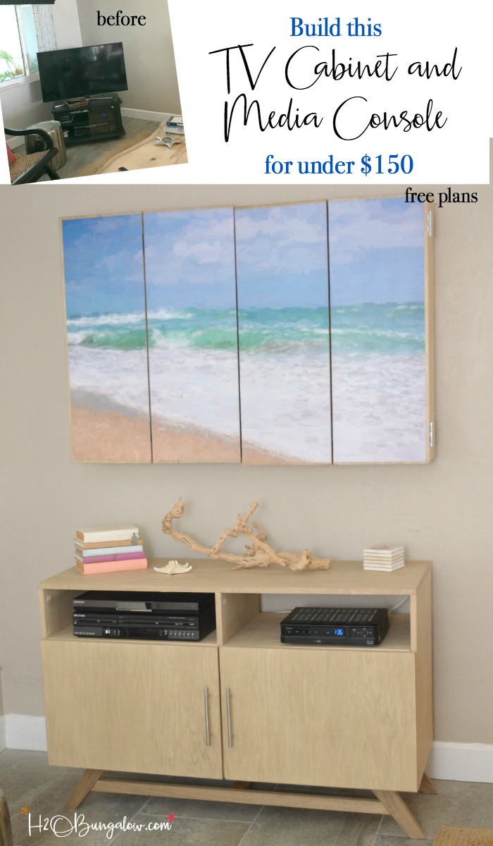 DIY media console with free plans tutorial. Build a media cabinet to hold electronics, add the matching wall mounted TV cabinet for under $150! Looks great in small spaces! Find over 450 DIY tutorials to make your home pretty at H2OBungalow.com #DIYmediaconsole