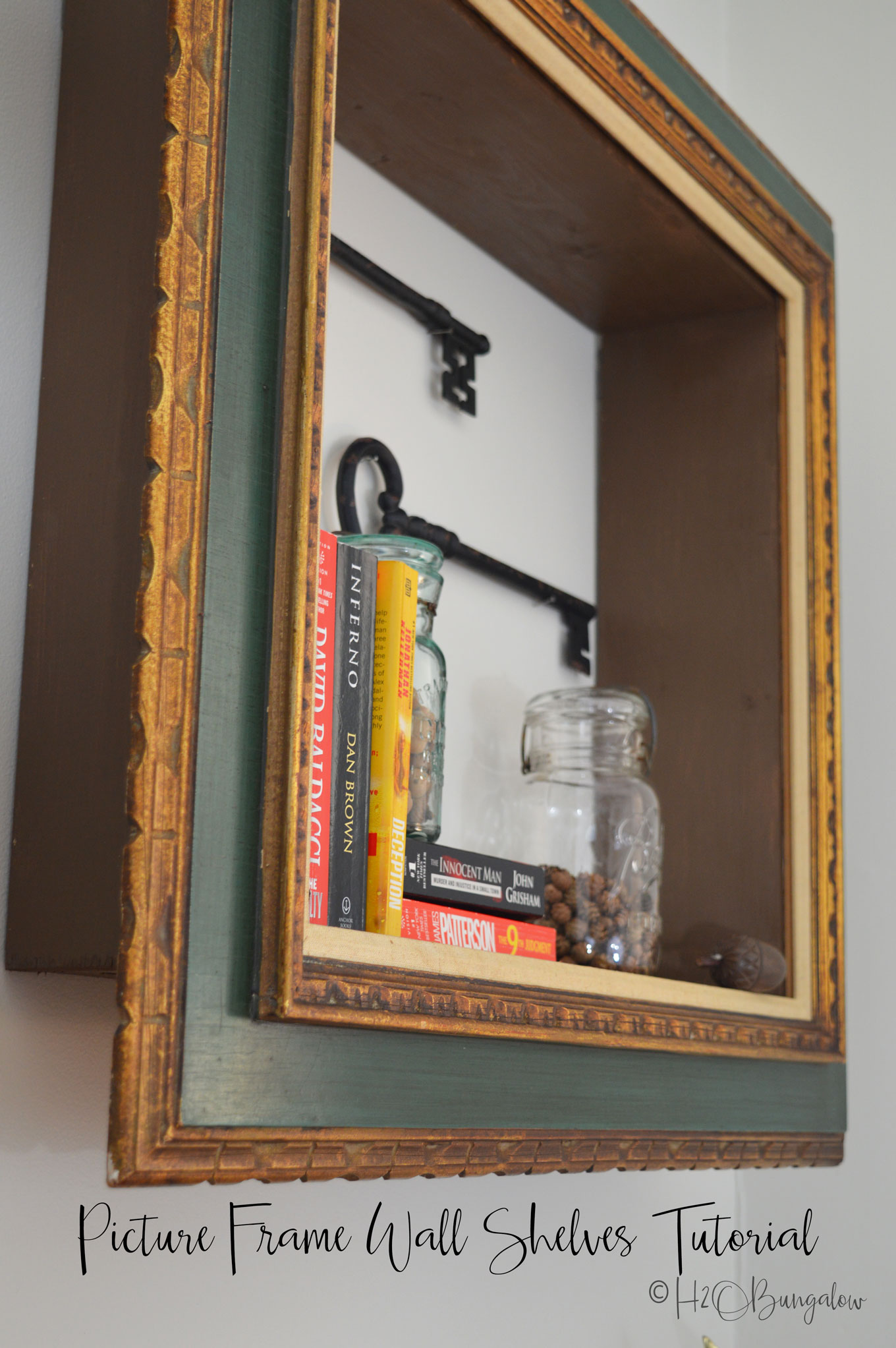 DIY repurposed picture frame wall shelves tutorial with instructions to make a shelf with a wood frame. Includes useful tips to hang frame wall shelves. 