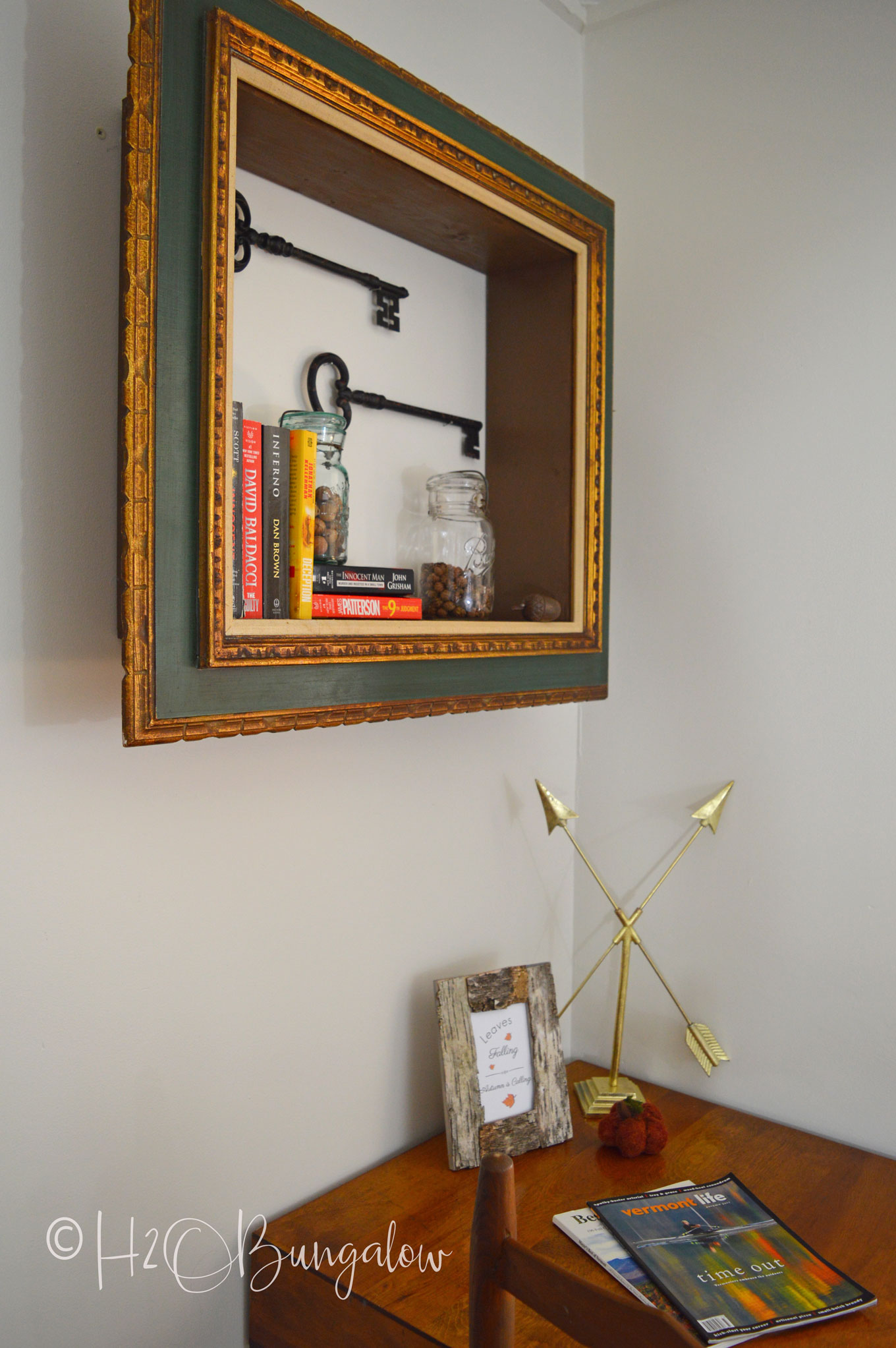 DIY repurposed picture frame wall shelves tutorial with instructions to make a shelf with a wood frame. Includes useful tips to hang frame wall shelves. 