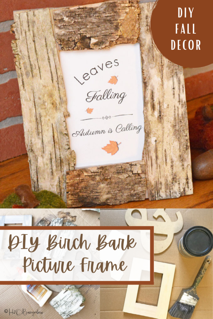 Collage birch bark picture frame with text overlay DIY Birch Bark Picture Frame DIY Fall Decor