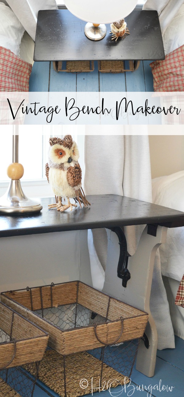 Vintage folding bench makeover turned a wood and metal hardware bench into a stylish bedside table. Furniture painting makeover tutorial. 