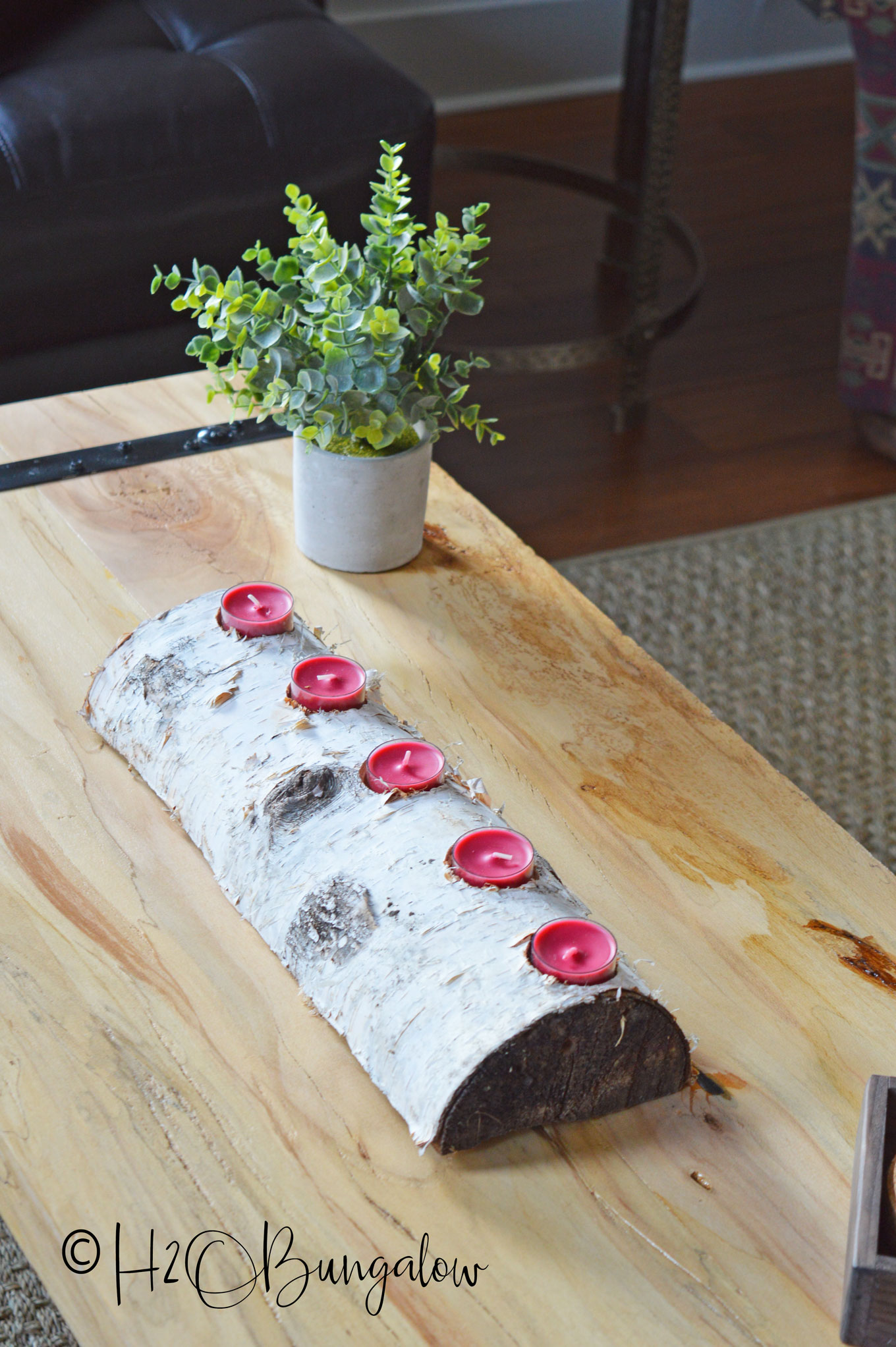 Homemade candle holder from birch log 