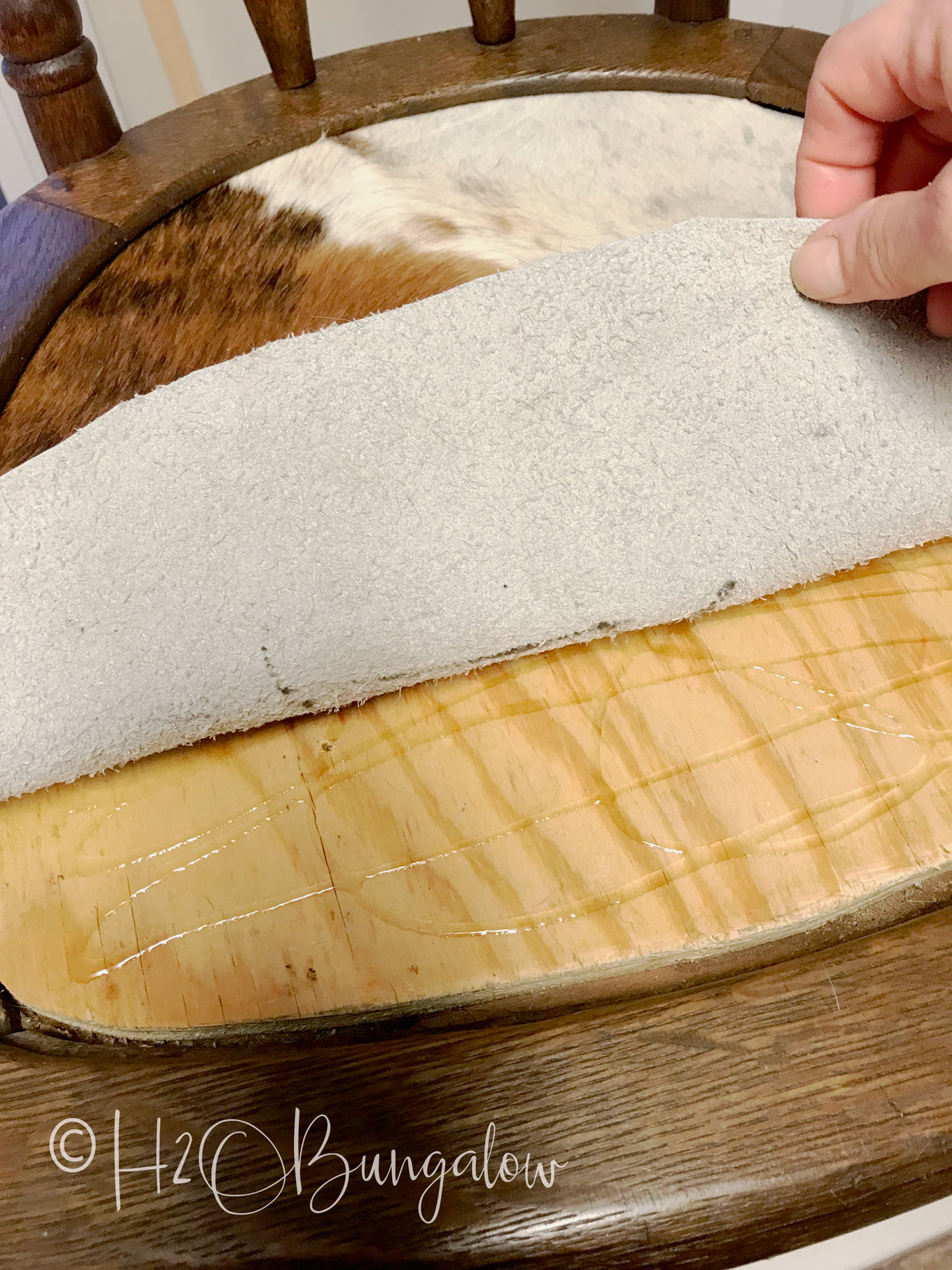 Tutorial for a cowhide chair makeover using real cowhide for the chair seat. Make this a fabulous accent chair with faux animal print or a cowhide. 