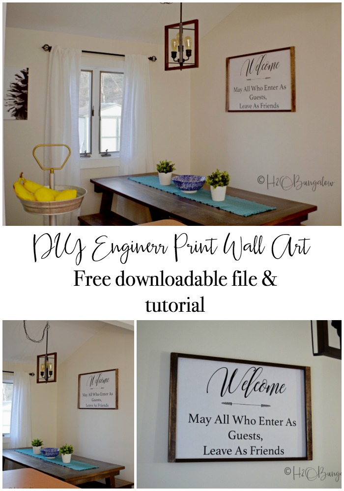 Tutorial for a DIY engineer print large welcome sign. Download my free graphic or follow the instructions and make your own large wood framed welcome sign.