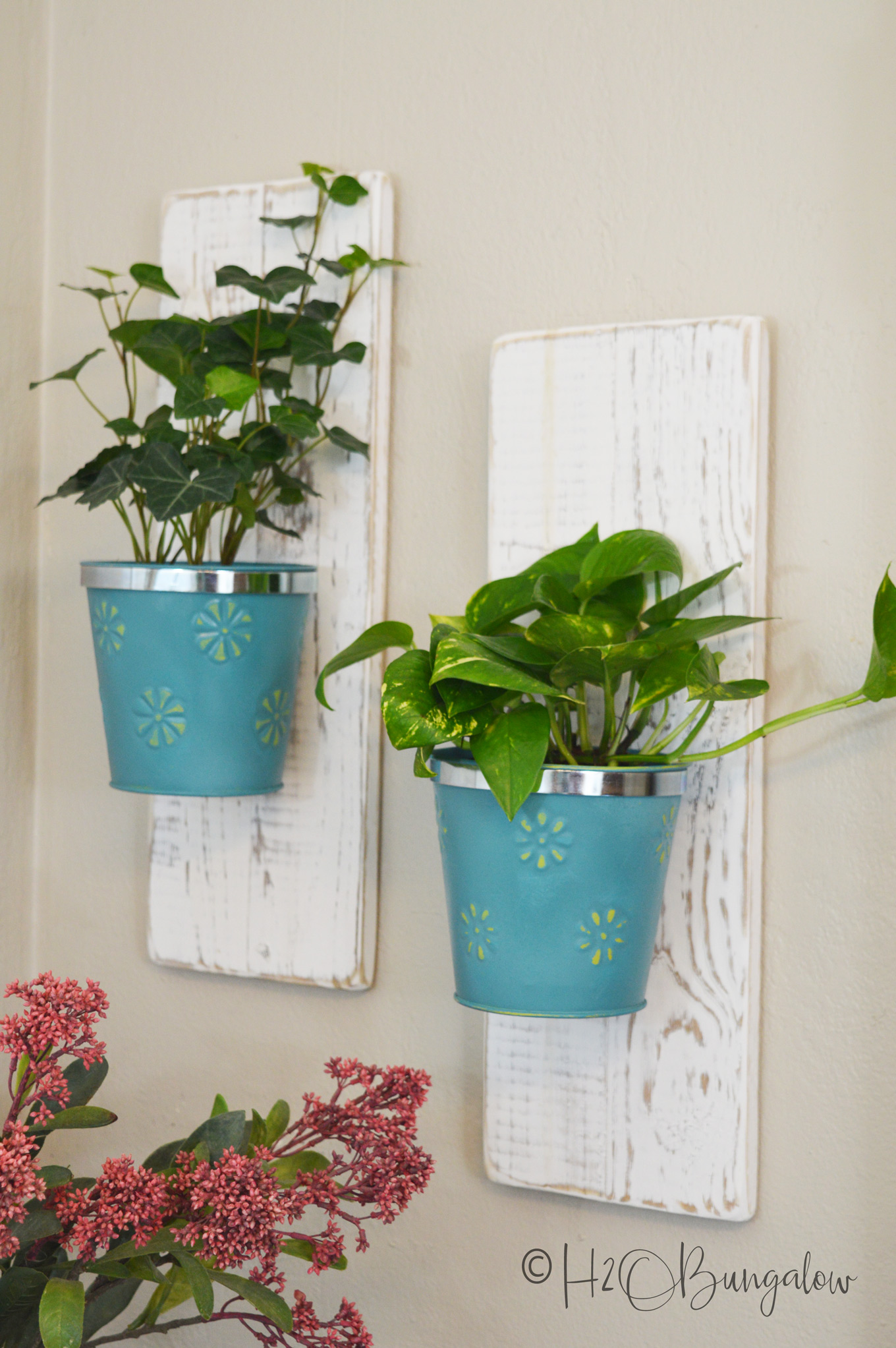 Easy tutorial for DIY wall hanging planters using dollar store items. I made a set of three hanging wall planters for my vine plants to cascade down. This is a great way to easily hang plants on walls. Hang your plants on walls, fences, outside walls or mount several on a board for a living wall.