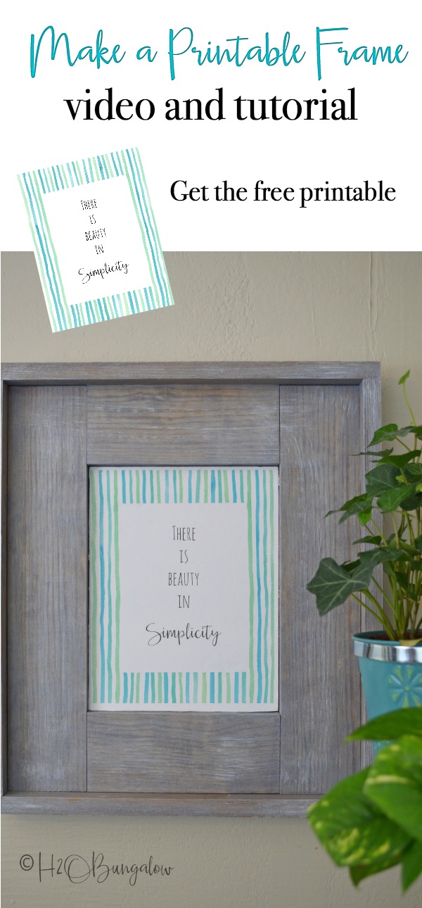 Easy to follow tutorial and video on how to build an easy DIY rustic picture frame to hang on the wall. Make a DIY frame to hold photos, art and printables. Change the finish for a beachy or modern farmhouse frame style. Make several sized wood frames and stack them in a vignette for a great look. #DIYframe #freeprintable
