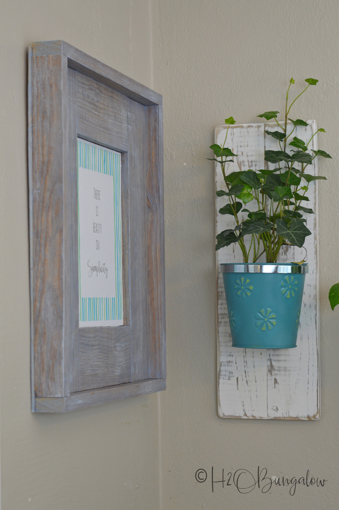 Easy to follow tutorial and video on how to build an easy DIY rustic picture frame to hang on the wall. Make a DIY frame to hold photos, art and printables. Change the finish for a beachy or modern farmhouse frame style. Make several sized wood frames and stack them in a vignette for a great look.