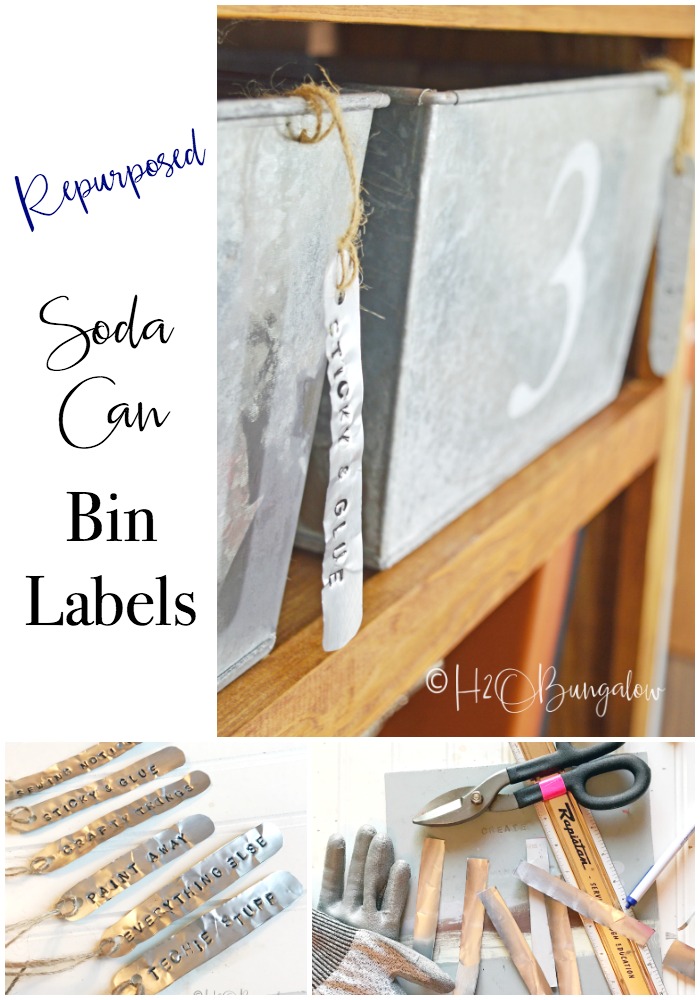 Easy to make soda can stamped metal labels for galvanized bins is a perfect farmhouse or rustic modern style home decor. Try stamping metal labels for home and office organization. One can makes several labels. Make other crafts with metal stamping and soda can metal too. 