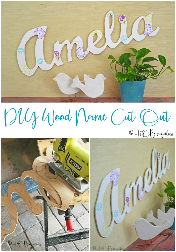 Tutorial to make a DIY large wood name cut out. Easy project to make using a 1/4" piece of scrap plywood, a jigsaw and a palm sander.  I've cut large script letters out of wood before and have a good tutorial which I link to below.  This post shares more tips for making clean cuts when cutting out words with a jigsaw.