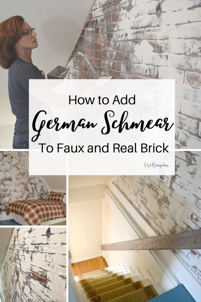 How to make a DIY German smear/schmear wall tutorial with video Turn a plain wall into a german smear wall with faux brick panels or add to real brick style examples included. #fauxwall #brick 