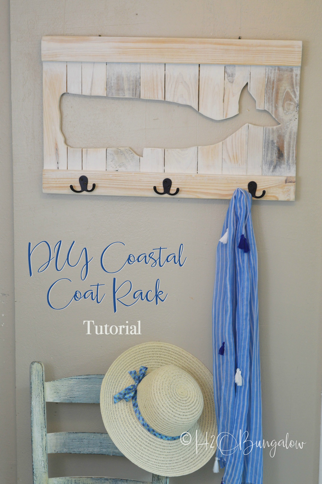 You can easily make a DIY whale coat rack or towel rack for beach towels like mine out of pallets or scrap wood. Follow my instructions for a wood cut-out whale and use your own design to make a sturdy custom coat or towel rack that fits your decor style! 