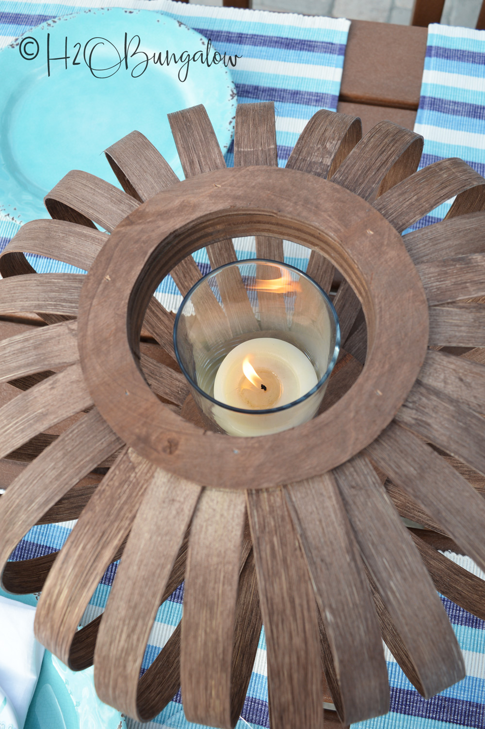 Overhead view of lantern with candle burning.