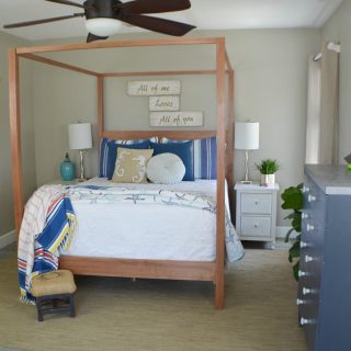 I'm so excited to share my modern coastal bedroom makeover with you guys today!  It's actually more of a redecorating bedroom refresh than a full blown makeover.  But, by changing the color palette,  adding a huge scrumptiously textured area rug and and few creative decor pieces it has the look of a whole new room.  This modern coastal bedroom makeover is fresh and contemporary while being warm and inviting.  Which is everything I'd want in a bedroom retreat.