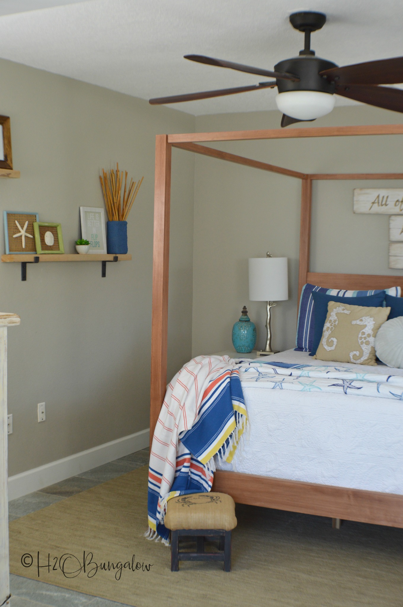 I'm so excited to share my modern coastal bedroom makeover with you guys today!  It's actually more of a redecorating bedroom refresh than a full blown makeover.  But, by changing the color palette,  adding a huge scrumptiously textured area rug and and few creative decor pieces it has the look of a whole new room.  This modern coastal bedroom makeover is fresh and contemporary while being warm and inviting.  Which is everything I'd want in a bedroom retreat.